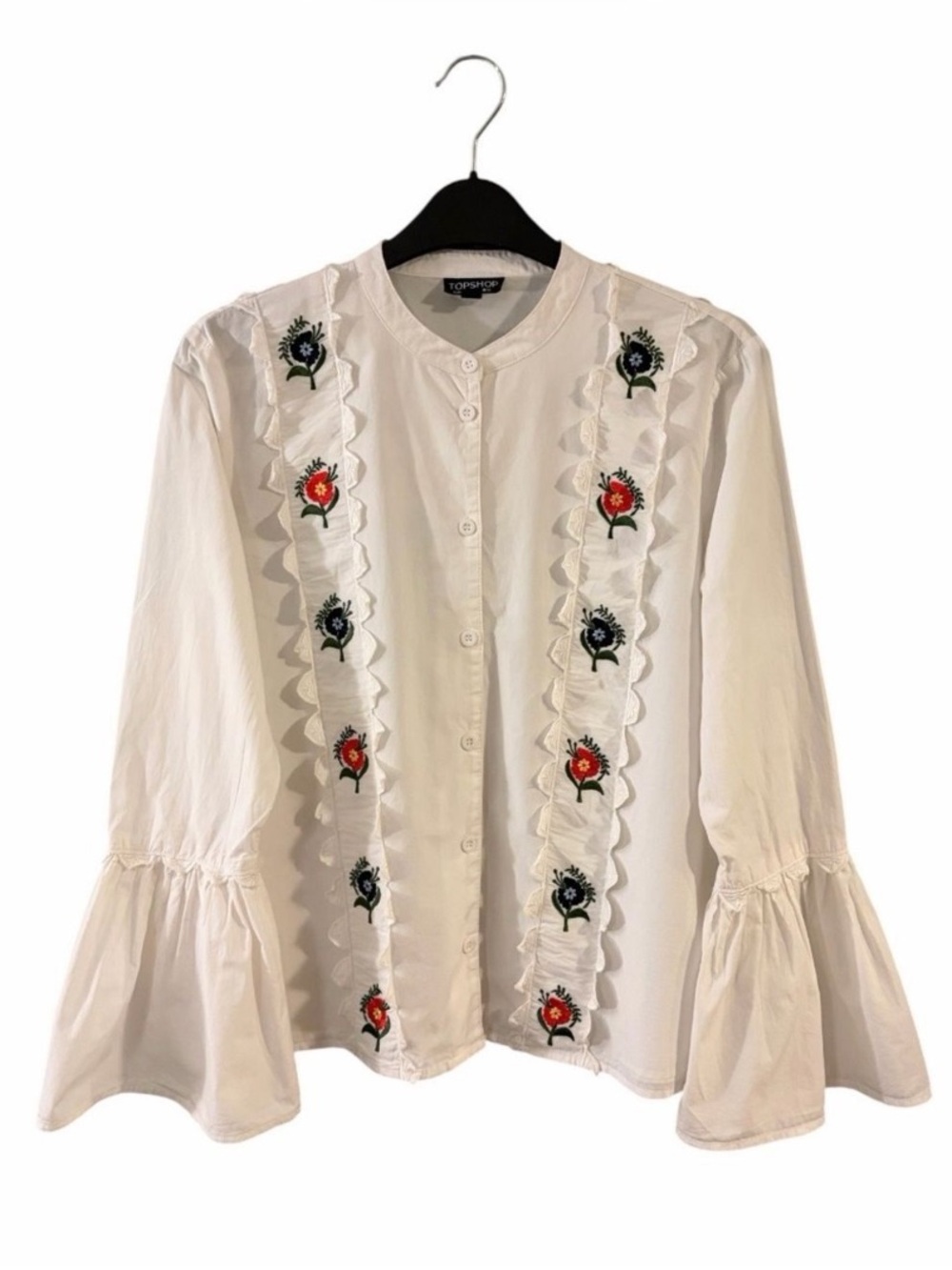 Topshop White Button-Front Embroidered Ruffle Blouse - Picture 3 of 6